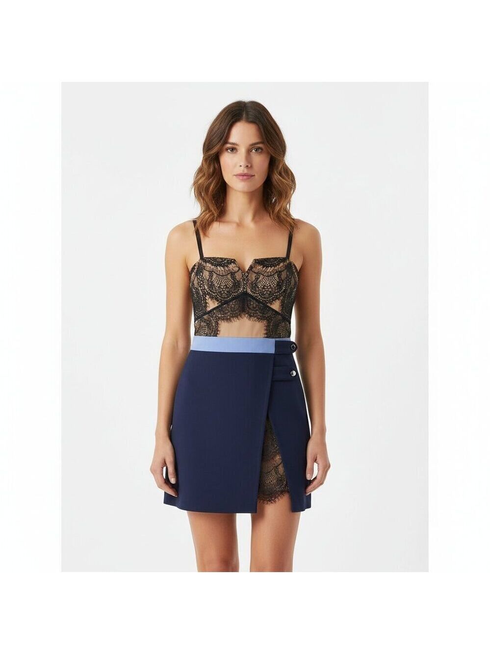 *Three Floor Lace Denim Strappy Mini Dress Lace Contrast - XS